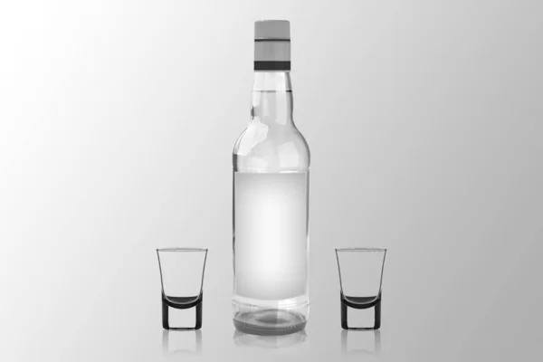 Botella Vodka Con Dos Chupitos Cristal Mockup Aislado Sobre Representación — Foto de Stock