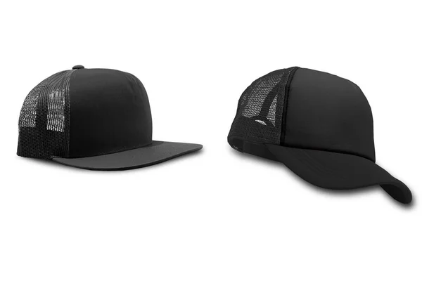 ブラックトラッカーの帽子モックアップは白い背景に隔離されています 3Dレンダリング ブラックバイザーリアルなモックアップフロントとサイドビューとトラッカーブラックキャップ — ストック写真