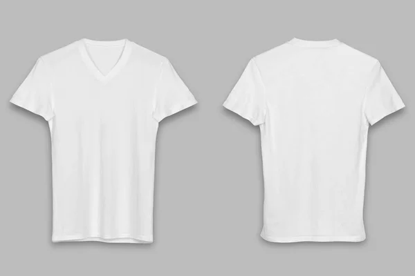 ブラックホワイトVネックTシャツテンプレート グレーの背景に隔離された半袖Tシャツのリアルなモックアップ フロントとバックサイド 3Dレンダリング — ストック写真