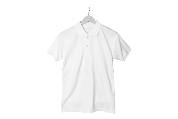 Üres Fehér Pólók Egy Vállfán Fehér Alapon Elszigetelve Renderelés — Stock Fotó