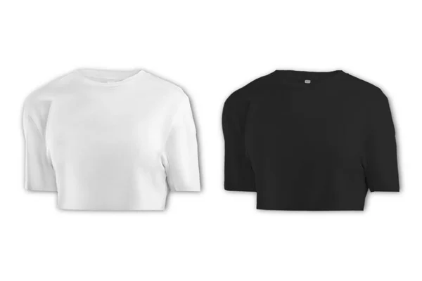 オーバーフィットクロップドティーシャツファッションテンプレート 女性のクロップTシャツ クロップトップファッションCadモックアップ フロント 白と黒の色 — ストック写真