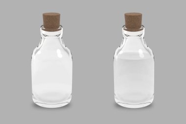 Glass transparent bottle with cork and reflection mockup isolated on white background. 3d rendering. can be used as a medical or alcohol bottle.