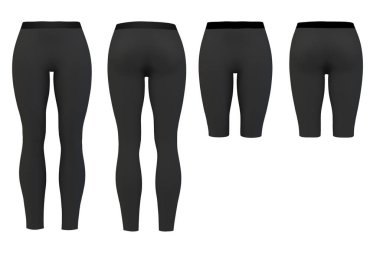 Boş siyah tayt maketleri izole edilmiş. Temiz tozluklar şablonu. Kumaş pantolon tasarımı sunumu. Spor pantolonlar streç tayt modelleri giyiyor. Kısa ve uzun bacaklı kadın spor yoga giysisi..
