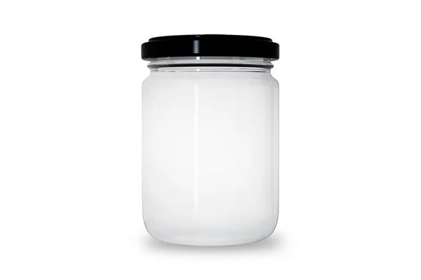 白い背景に隔離された黒い蓋のモックアップが付いているガラス瓶 ハニーかジャムのガラス瓶 3Dレンダリング — ストック写真
