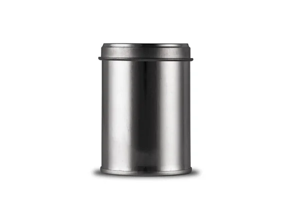 用于包装设计的空白黑锡盒食品容器 与白色背景隔离 — 图库照片