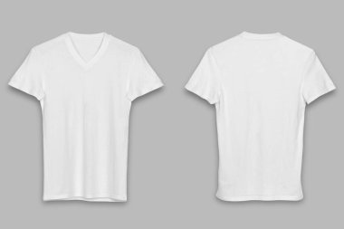 Siyah beyaz yaka tişört şablonu. Kısa kollu tişört gerçekçi bir model, gri bir arka planda izole edilmiş. Ön ve arka 3D görüntüleme.
