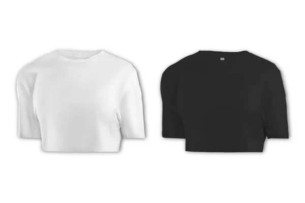 オーバーフィットクロップドティーシャツファッションテンプレート 女性のクロップTシャツ クロップトップファッションCadモックアップ フロント 白と黒の色 — ストック写真
