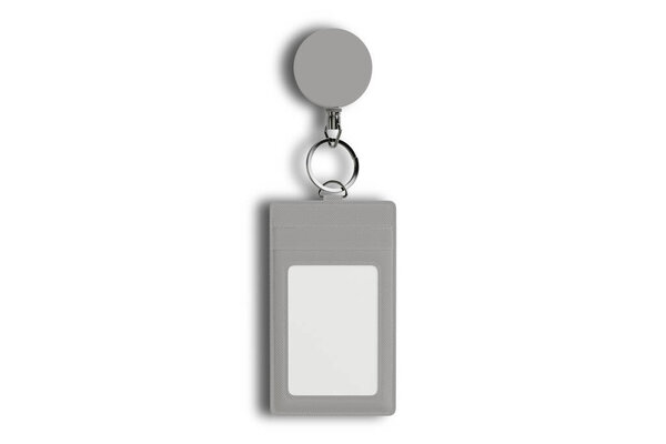 Blank badge mockup isolated on white background. Top view, Id card. Blank plastic access card, name tag holder with pin, corporate card key, 3d rendering.