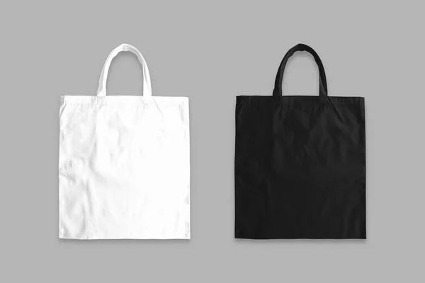 Leere Schwarz Weiße Stofftaschen Attrappe Isoliert Einkaufstasche Aus Leinen Baumwolle — Stockfoto