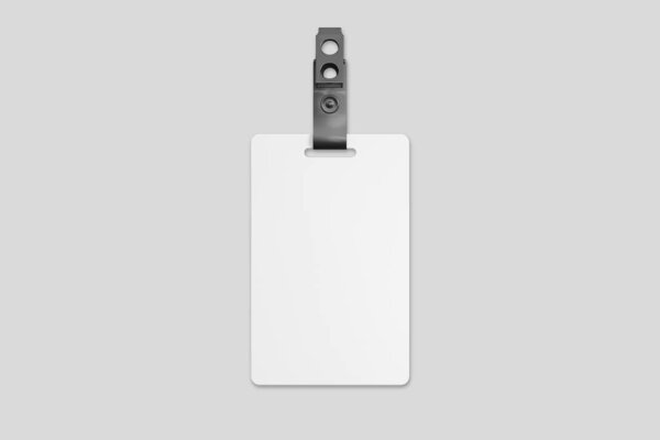 Blank badge with drawstring mockup isolated on white background. Top view, Id card with lanyard. Blank plastic access card, name tag holder with pin ribbon, corporate card key, 3d rendering.