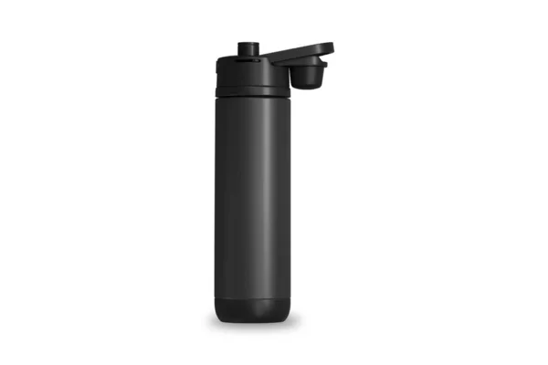 Schwarze Thermoflasche Vorhanden Wasser Thermoflaschen Attrappe Aus Metall Reisethermoskanne Für — Stockfoto
