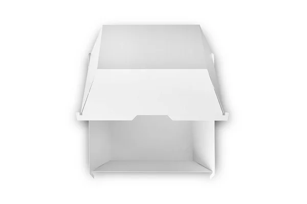 空白白色打开的汉堡盒模型了 孤立了 空的巴斯德集装箱模型 清澈的生态友好午餐盒装的标志型模板 3D渲染 顶视图 — 图库照片