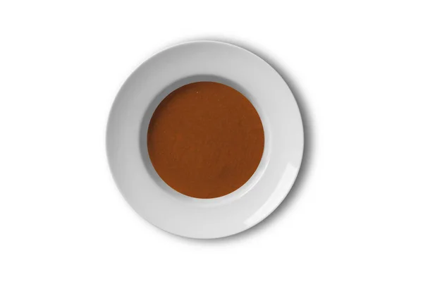 Placa Porcelana Branca Com Purê Sopa Tomate Vista Superior Renderização — Fotografia de Stock