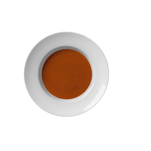 Λευκό Πιάτο Πορσελάνης Πουρέ Ντοματόσουπας Στην Κορυφή Απόδοση — Φωτογραφία Αρχείου