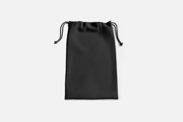 背景に隔離された黒いドローストリングバッグのモックアップ ファブリックコットン小袋 隔離された袋 3Dレンダリング — ストック写真