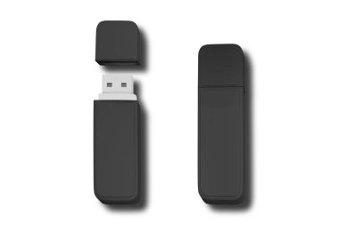 Boş siyah usb disk tasarımı, 3d görüntüleme, açık ve kapalı, kırpma yolu. Şeffaf flaş disk şablonu. Geleneksel hafıza aygıtı düzeni. Boş kalem sürücü markalaştırma sunumu. Mikrokart.