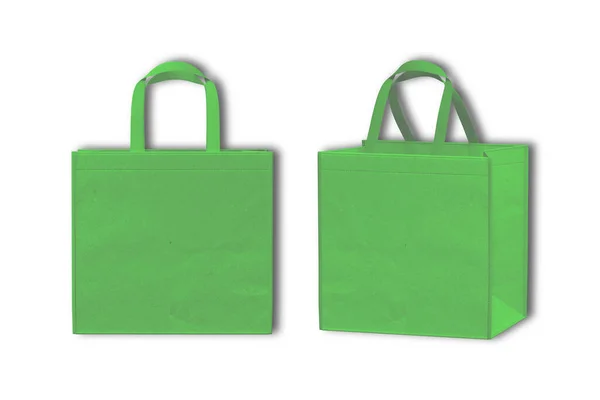 ハンドルが付いている生地の再使用可能なキャンバス トートの布のショッピング バッグのモックアップ グリーンコットンエコバッグのテンプレート 3Dイラスト フロントとサイドビュー — ストック写真