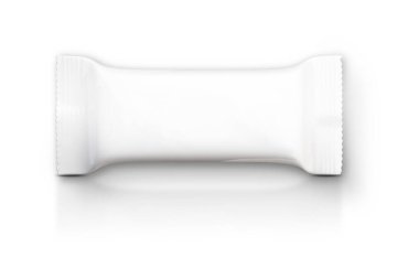 Yansımalı boş beyaz parlak çikolatalı çikolata modeli .folyo abur cubur modeli, çikolata, gofret veya protein çubuğu paketi. Beyaz arka plan 3D görüntüleme üzerinde izole edilmiş beyaz kağıt ambalajı..