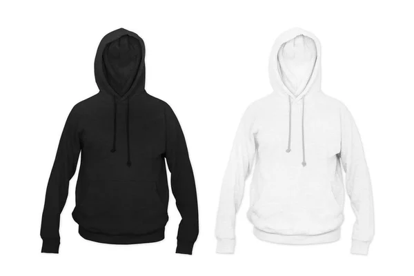白と黒のパーカーは白い背景の上に隔離されたモックアップ 3Dレンダリング フード付きのスウェットシャツ あなたのデザインのモックアップのための男性のフード付きジャケット — ストック写真