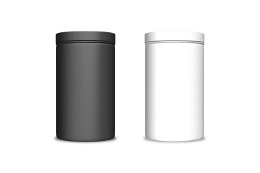 Paketleme tasarımı için boş teneke kutu yiyecek kabı beyaz arkaplanda izole edildi. 3D görüntüleme. Kahve, çay, şeker ve kurabiye için siyah-beyaz metal kavanoz kabı..