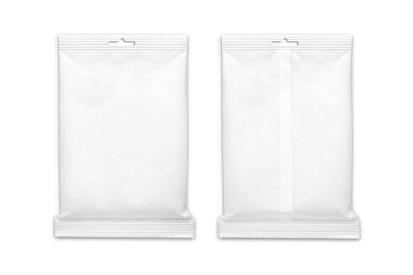 Önü ve arkası askılı plastik cep beyaz çanta. Paketleme tasarımınız için şablon oluşturun. Beyaz arka planda izole edilmiş 3D görüntüleme.