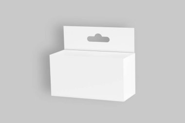 Dikdörtgen ambalaj kutusu, üzerinde Hang Tab, Side View, gri arka planda izole edilmiş. 3d oluşturma.