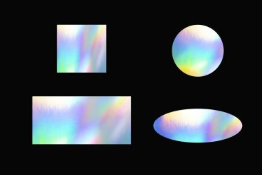 Holografik çıkartmalar. Farklı şekillerde hologram etiketleri. Tasarım modelleri için çıkartma şekilleri. Etiketlerin önizlemesi için holografik desenli etiketler, etiketler. 3d oluşturma.