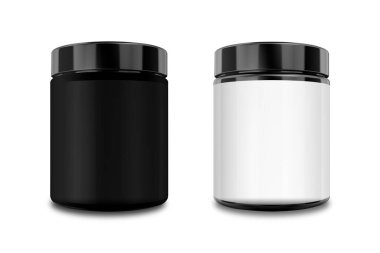 Spor Gıda, Beyaz Protein ve Gainer. Siyah plastik kavanoz modeli, beyaz arka plan 3D görüntüleme üzerinde izole edildi..