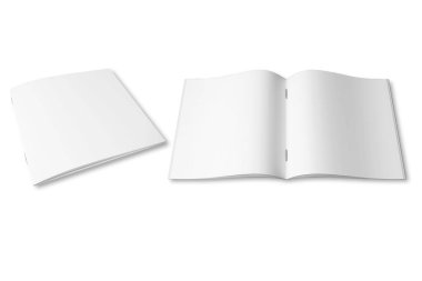 Boş boş beyaz katalog broşürü, tasarım sunumu için zımba modeli ile birlikte. Beyaz arkaplanda izole edilmiş açık ve kapalı broşür şürü. 3D görüntüleme. en üstteki görünüm.