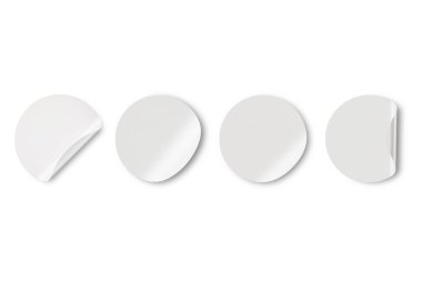 Çember yapıştırıcı sembolleri ayarlayın. Beyaz etiketler, kenarları soyulmuş kağıt yuvarlak çıkartmalar ve gölgeler, izole edilmiş plastik maketler, kıvrımlı köşeli kağıt yapıştırıcı maketi. 3d oluşturma.