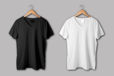 Siyah-beyaz V-Boyunlu, ahşap askıda, ön manzara. 3B Hazırlama.