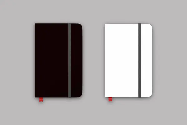 Realistic Black White Notebook Rubber Band Red Bookmark Top View Stock Photo