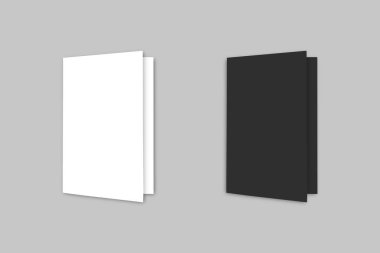 Beyaz arkaplanda izole edilmiş boş siyah beyaz tebrik kartı modeli. çift katlı broşür, broşür, menü tasarımı 3D oluşturma.