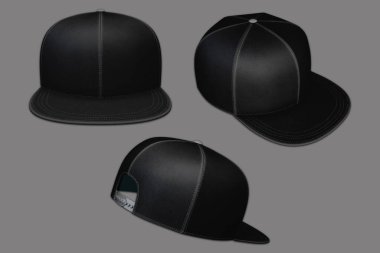 Siyah şapka boş şablon her açıdan görünüyor. Temiz ve minimalist bir tasarıma sahip siyah bir snapback şapka modeli. Gri bir arka plan 33D tasarımı ile izole edilmiş..