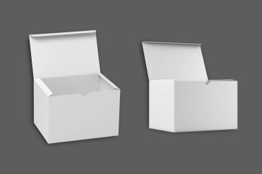 İzole edilmiş çekim, boş paralel kenar kutusunu açmış. Karanlık bir arkaplandaki gibi. Boş beyaz ürün paketleme kutuları, 3D görüntüleme. Beyaz kıvrımlı kutular, ambalaj ve nakliye için ideal..