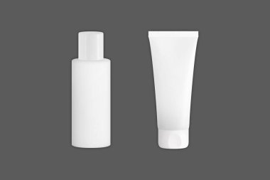 Kozmetik için beyaz plastik tüpler. Duş jeli için ambalaj, şampuan, el kremi, saç kremi modeli koyu arka planda izole edilmiş. Makyaj ve cilt bakımı için makyaj ürünleri. 3d oluşturma.