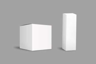 Boş beyaz küp ve dikdörtgen prizma ambalaj kutusu modeli gri arkaplanda izole edilmiş. 3d oluşturma.
