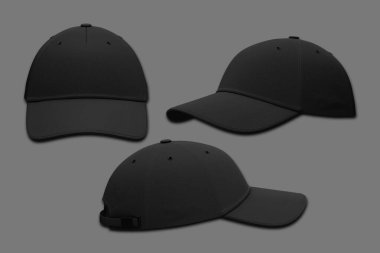 Siyah beyzbol şapkası, gri ve şeffaf arka plan, ön görüş ve yan görüş üzerinde izole edilmiş. 3d oluşturma.