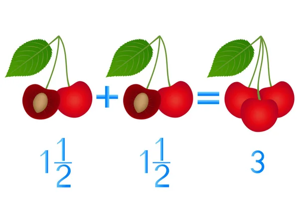 Matematické Hry Pro Děti Studovat Zlomky Čísla Příklad Třešněmi — Stockový vektor