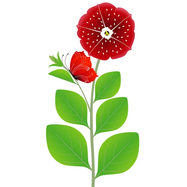 Beyaz Arka Planda Kelebek Olan Kırmızı Petunya Çiçeği — Stok Vektör