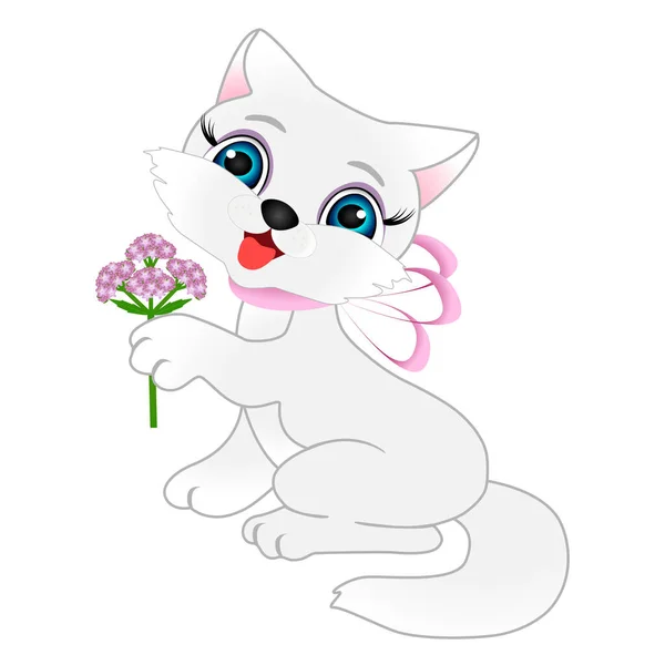 Beyaz Arka Planda Kediotu Çiçekleri Olan Kedi Yavrusu — Stok Vektör