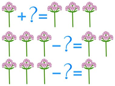 Toplama ve çıkarma eylem ilişkisi, kediotu çiçekleri örnekleri. Çocuklar için eğitim oyunları.