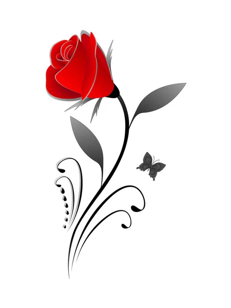 红色玫瑰 叶黑色 蝴蝶白色背景 — 图库矢量图片