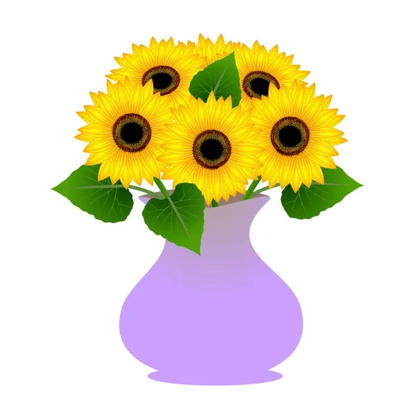 Vase with sunflowers and leaves on a white background.