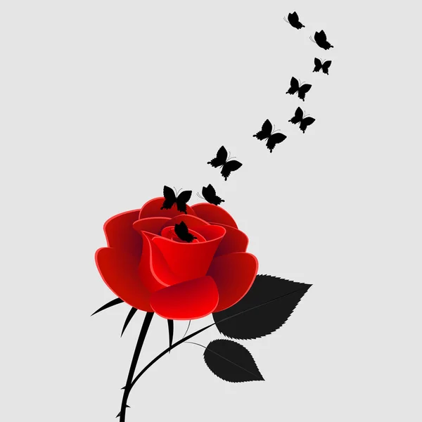 Rosa Rossa Con Farfalle Nere Sfondo Grigio — Vettoriale Stock
