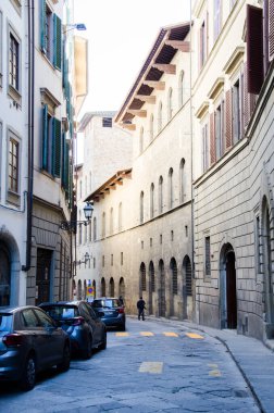 Floransa, İtalya, Ocak 2023. Eski dar sokak fotoğrafı..