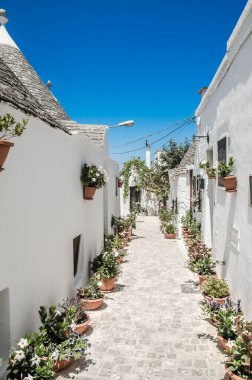 İtalya Alberobello 'da çiçeklerle dolu bir sokak..