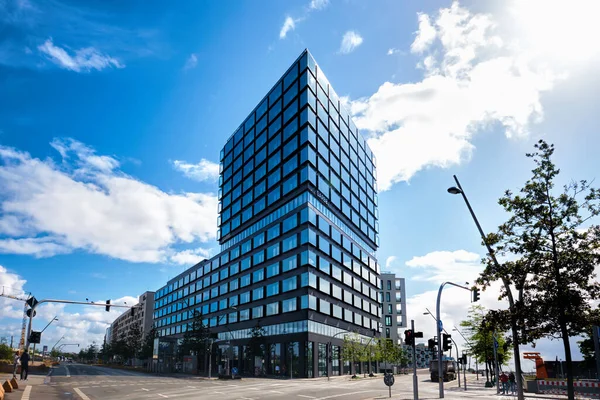 stock image Hamburg, Germany - Sept 2022: Garbe Campus tower with blue box windows facade in Hafencity