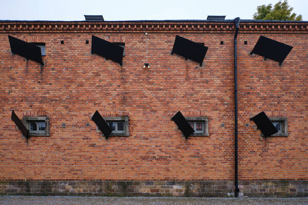 Stockholm, Sweden - Sept 2022: Old brick traditional building facade in Skeppsholmen 