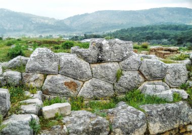 Antalya, Türkiye, Mayıs 2014: Xanthos Antik Kenti. Mimari duvar bağlantısı, antik şehir Xanthos 'un harabelerinden, Kas' taki Letoon 'dan. Lycia 'nın başkenti. 